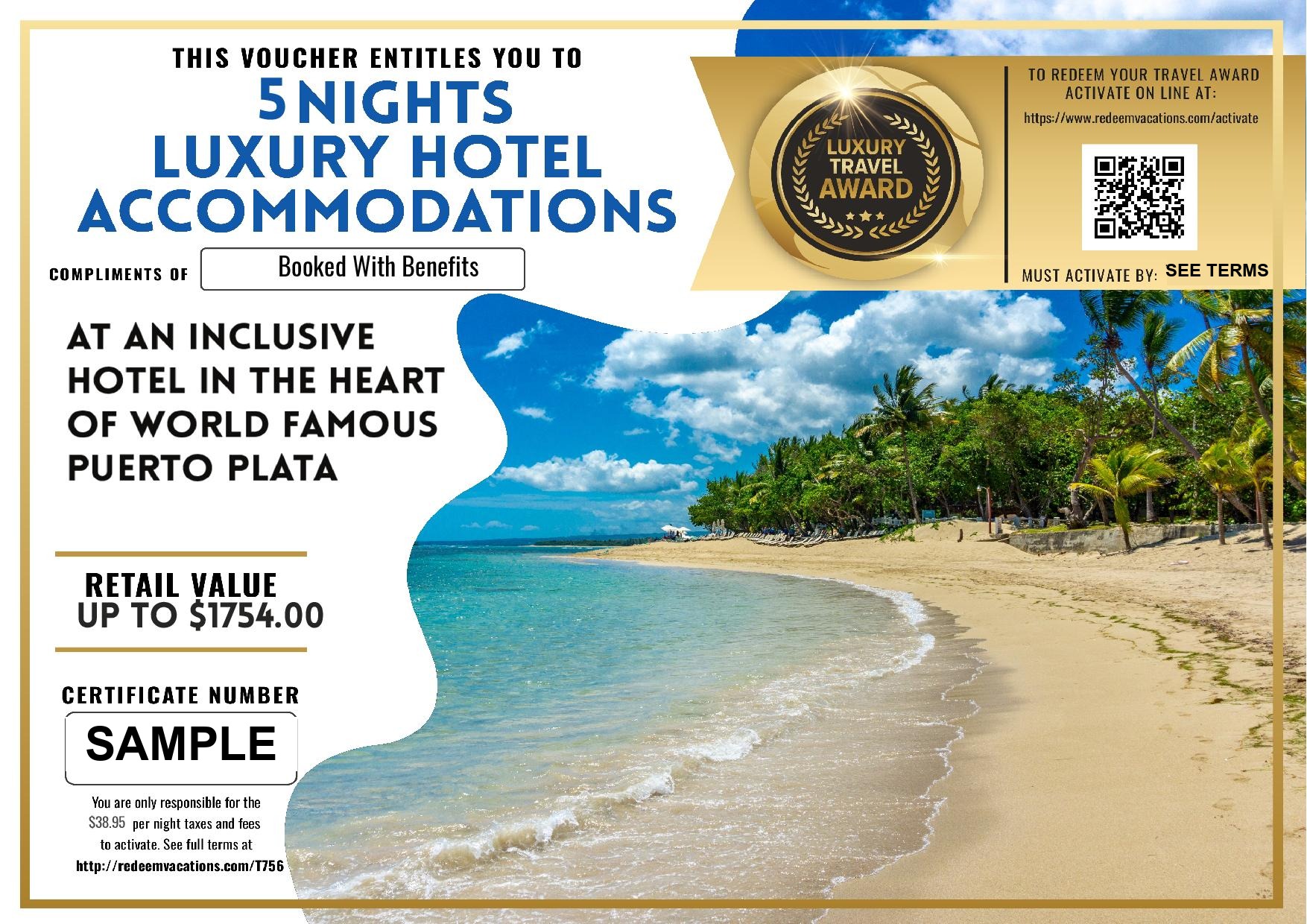 Sample vacation certificate for luxury hotel accommodations